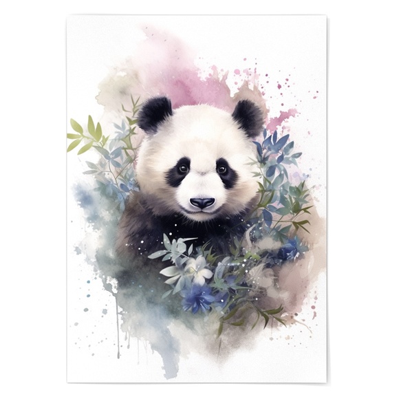 Watercolor Panda Bear With Flowers Portrait Wall Art Illustration Print Unframed - Picture 6 of 6